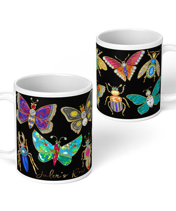 Butterfly & Bug Brooch on Black Coffee Mug