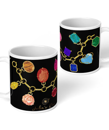 Gemstone Charm Bracelet on Black Coffee Mug