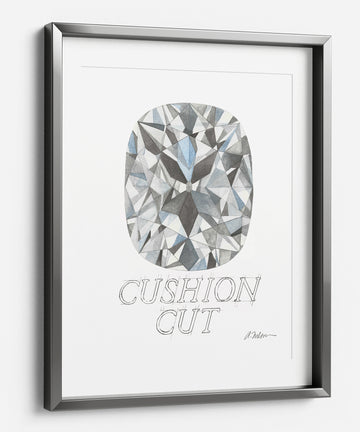 Cushion Cut Diamond Watercolor Rendering printed on Paper