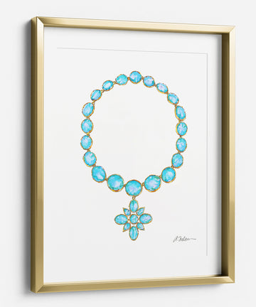 Georgian Starburst Necklace Watercolor Rendering in Yellow Gold with Paste Stones printed on Paper