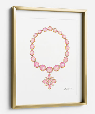 Georgian Starburst Necklace Watercolor Rendering in Yellow Gold with Paste Stones printed on Paper