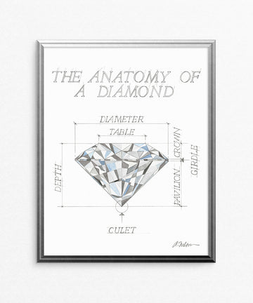 The Anatomy of a Diamond Watercolor Rendering printed on Paper