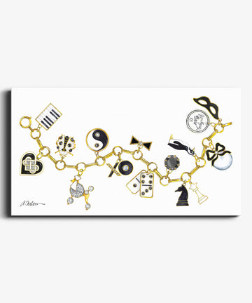 Black & White Charm Bracelet Watercolor Rendering on Canvas