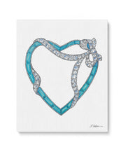 Art Deco Inspired Turquoise & Diamond Heart Watercolor Rendering on Canvas