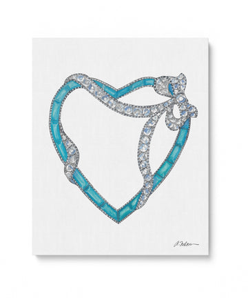Art Deco Inspired Turquoise & Diamond Heart Watercolor Rendering on Canvas