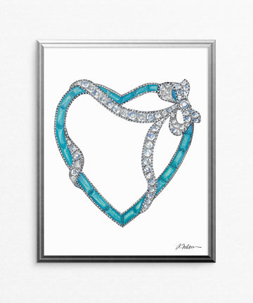 Art Deco Inspired Turquoise & Diamond Heart Watercolor Rendering on Paper
