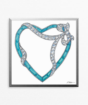 Art Deco Inspired Turquoise & Diamond Heart Watercolor Rendering on Paper