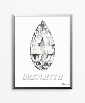 Briolette Diamond with Name Watercolor Rendering printed on Paper