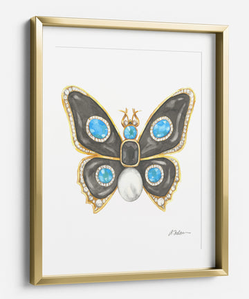 Butterfly Brooch Watercolor Rendering in Yellow Gold with Black Onyx, Diamonds, and Pearl printed on Paper
