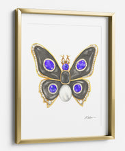 Butterfly Brooch Watercolor Rendering in Yellow Gold with Black Onyx, Diamonds, and Pearl printed on Paper