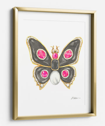 Butterfly Brooch Watercolor Rendering in Yellow Gold with Black Onyx, Diamonds, and Pearl printed on Paper