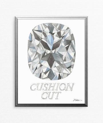 Cushion Cut Diamond with Name Watercolor Rendering printed on Paper