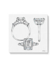 Emerald Cut Engagement Ring Watercolor Rendering on Canvas