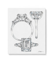 Emerald Cut Engagement Ring Watercolor Rendering on Canvas