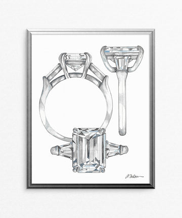 Emerald Cut Engagement Ring Watercolor Rendering on Paper