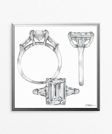 Emerald Cut Engagement Ring Watercolor Rendering on Paper