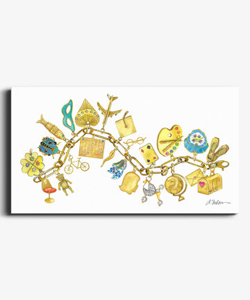Yellow Gold Charm Bracelet Watercolor Rendering on Canvas
