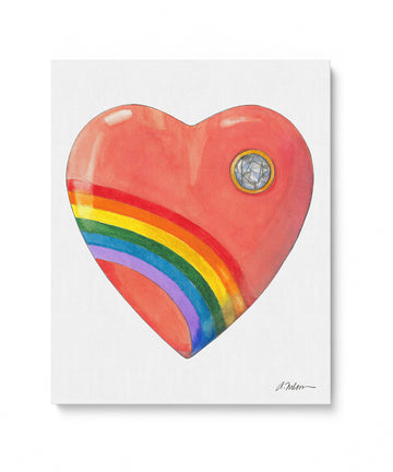 1980's Acrylic Rainbow Heart Watercolor Rendering on Canvas