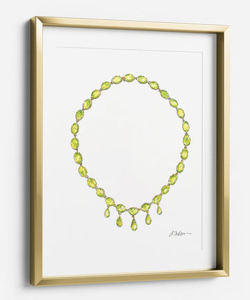 Georgian Necklace Watercolor Rendering in Yellow Gold with Green Paste Stones printed on Paper