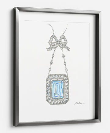 Watercolor Bow Necklace Rendering with Diamonds and Aquamarine printed on Paper