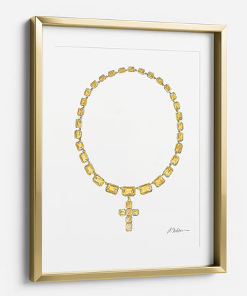Georgian Cross Necklace Watercolor Rendering in Yellow Gold with Paste Stones printed on Paper