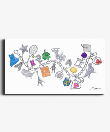 Silver Charm Bracelet Watercolor Rendering on Canvas