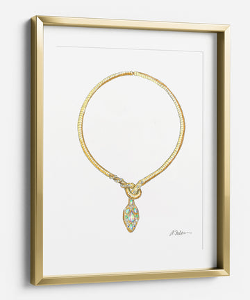 Snake Necklace Watercolor Rendering in Gold with Diamonds, Opals, Emeralds & Sapphires printed on Paper